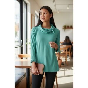 Neon Buddha women large Aqua Blue Cowl Neck Tie Sleeve Top